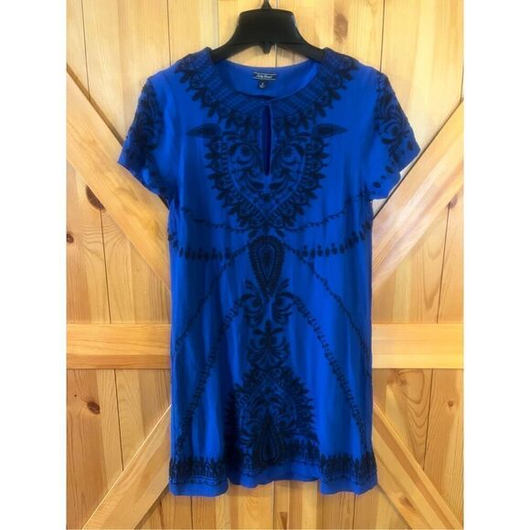 Lucky Brand Blue Black Embroidered Beaded Boho Shift Dress Size small (3779) Rea - Picture 1 of 10
